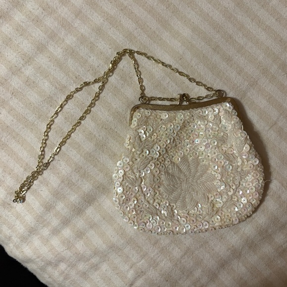 Handbags - Made In Hong Kong Sequin Sparkle Beaded Pocket Clasp Bag With Gold Colored Chain
